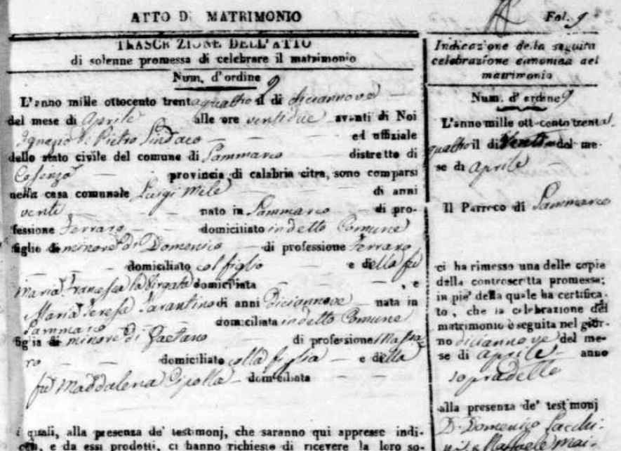 Matrimonio Luigi Mele 1834